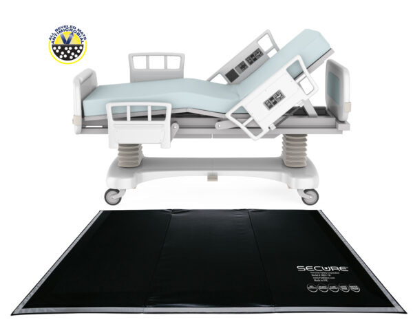 SBEV-1W Bedside Safety Floor Mat for elderly fall injury prevention. Hospital Bed isolated on white background.