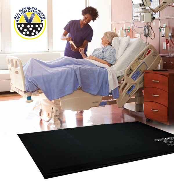 SBEV-1 Bedside Safety Fall Prevention Floor Mat. Hospital Nurse With Digital Tablet Talks To Senior Patient.