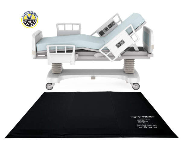 SBEV-1 Bedside Safety Fall Prevention Floor Mat. Hospital Bed isolated on white background.